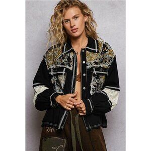POL Printed Woven Mix Raw Hem Jacket with Lace Detail - nwt